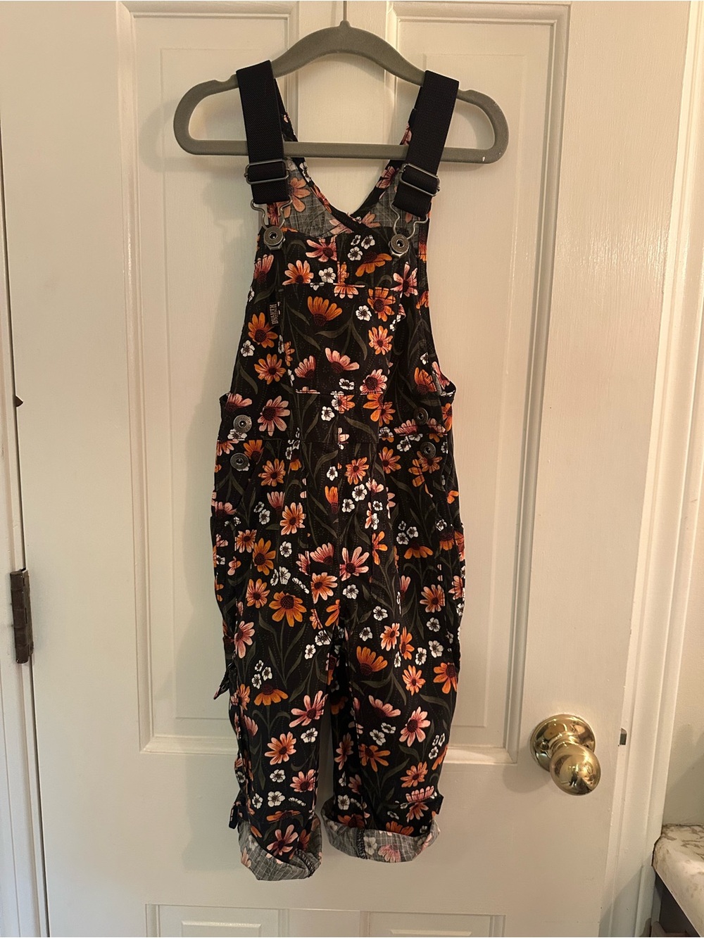 Duluth Trading Co Black Floral Overalls with Pink & Orange Flowers